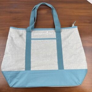 Pampered Chef Thermal Zipper Bag Teal and Grey Size 21x15x7